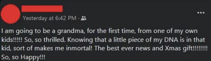 A social media post expressing excitement about becoming a first-time grandmother.