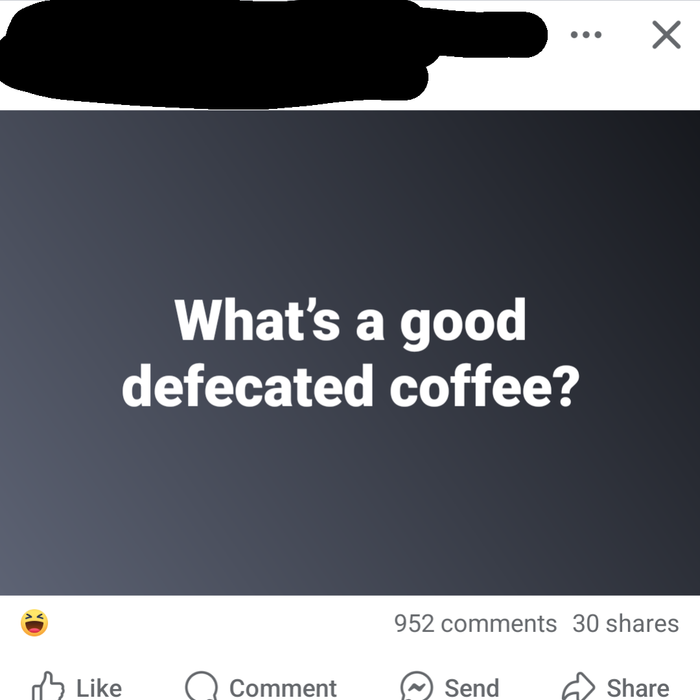 A social media post asks, 'What’s a good coffee for defecation?' with reactions and engagement options displayed below.