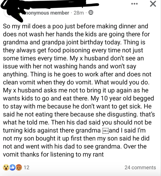 The image shows a post from a social media platform addressing family tensions surrounding food, health, and conflicts that have arisen.