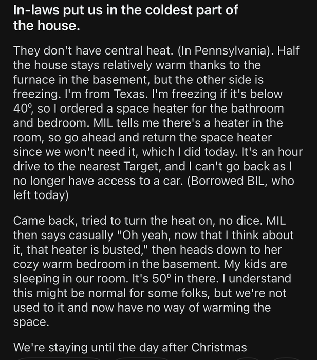 A social media post describing being placed in a chilly part of the house without central heating, followed by shopping for a portable heater.