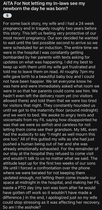 A summary of a story where someone discusses denying their in-laws a visit to see their newborn on the day of the birth, amidst family pressure and following a previous tragedy.