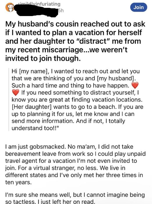 Summarized post: The user’s cousin offered to take their daughter on a vacation to give them some rest, reassuring they are always ready to help if needed