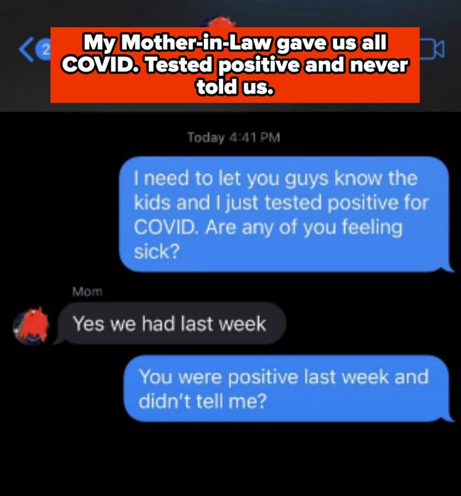 A text conversation about a positive COVID test, where the mom confirms being sick last week but failed to inform anyone earlier.
