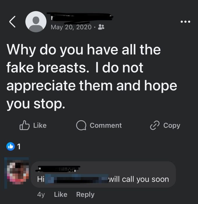 A social media post reading: 'Why do you have all the fake breasts? I really don't like them and hope you'll stop.' A reply comments, 'Hi Don, [Name] will call you soon.'