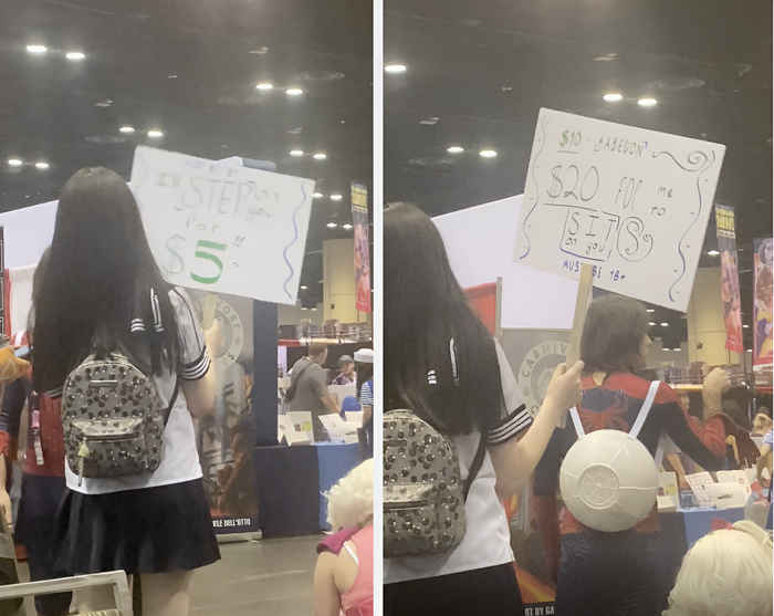 Two individuals at a convention carry signs: one offers to step on people for $5, while the other asks for $20 to sit on them. The text is lighthearted and playful.