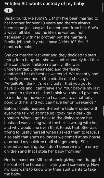 An image featuring a screenshot of a text post from a social network discussing a family dispute over child custody.