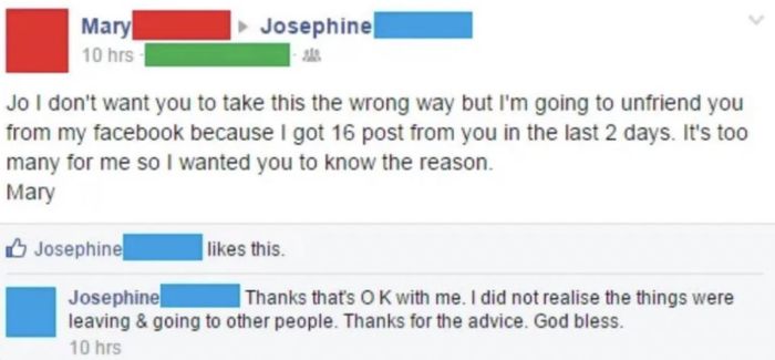 A Facebook post where Mary unfriends Josephine for posting too much. Josephine replies, saying it's okay and she appreciates the advice.