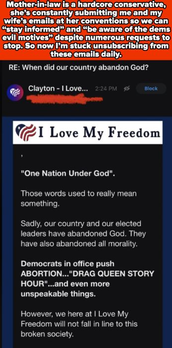 An email expressing concerns about religious abandonment by leaders, touching on issues like abortion and drag queen story hour, and promoting the 'I Love My Freedom' website.