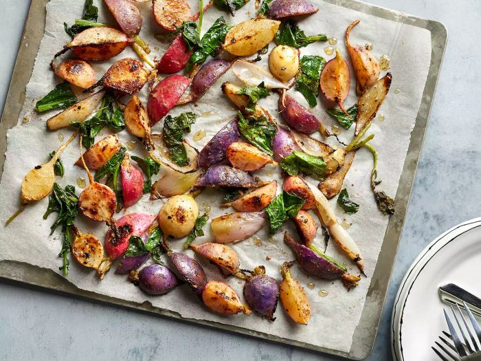 Miso-Roasted Radishes and Mixed Veggies on a Parchment-Lined Baking Tray