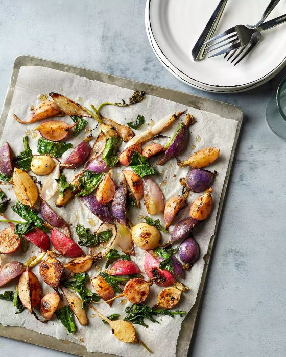 Miso-Roasted Radishes and Veggies on a Parchment-Lined Baking Sheet