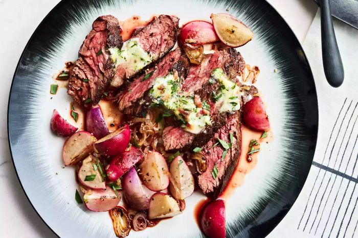 Recipe for Skillet Steak and Radishes with a delicious Anchovy-Tarragon Butter sauce