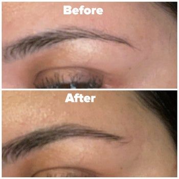 a reviewer showcasing their brows before and after applying the glue