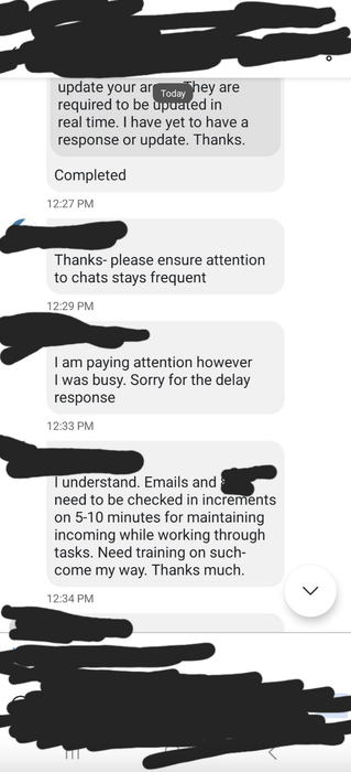 A text exchange about updating chats and responding to incoming messages promptly; discusses the need for training on new tasks