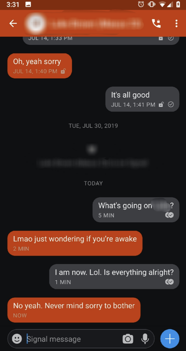 A text conversation on a smartphone where the sender asks if the recipient is awake and if everything is okay.
