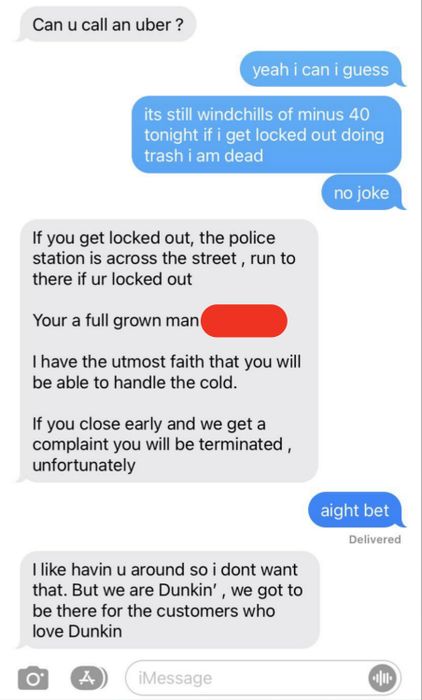 A text exchange about enduring freezing cold temperatures and the risk of being locked out. The employer provides instructions on how to lock up and stresses the importance of being available for work.