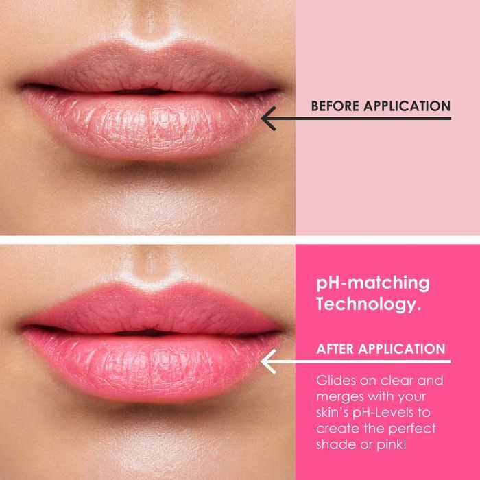 A before-and-after photo of a model, with the after showing noticeably pinker lips.