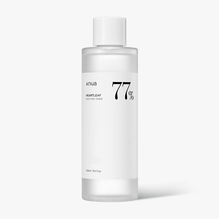 Anua Heartleaf 77% Soothing Toner, displayed in a sleek, transparent bottle.