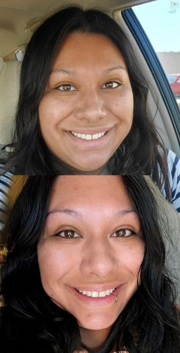 Two close-up shots of a smiling person with dark hair. They sport a lip piercing in both photos, along with a nose piercing in the first. The person is in two different locations.