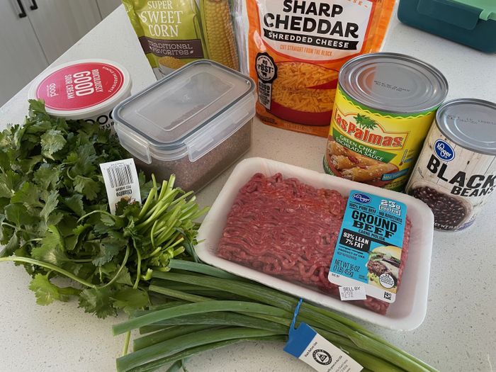 Ingredients for dinner on the counter.