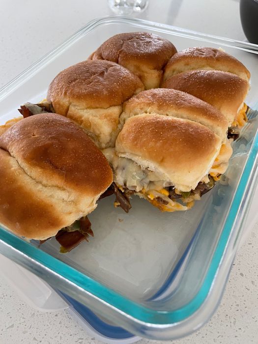 Leftover Philly cheesesteak sliders.
