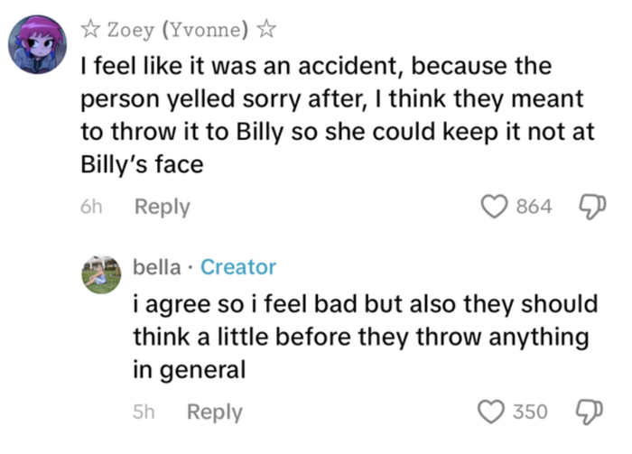 Social media comments are abuzz, discussing an accidental incident where an object was thrown near Billie. The reactions from users vary on how to view the situation.