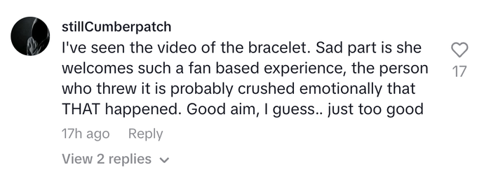 A comment discussing a video where someone tossed a bracelet. The writer contemplates the emotional impact on the person who threw it.