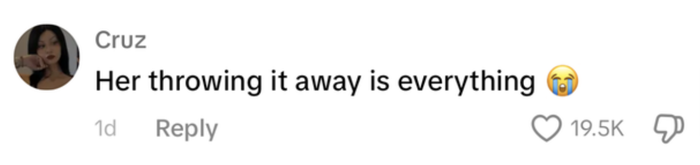 A comment expressing admiration for someone throwing something away, accompanied by a teary-eyed emoji. 19.5K likes and a reply option.
