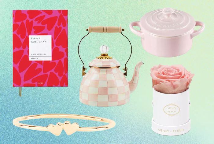 A curated selection of Valentine’s Day gifts for girlfriends, showcased on a green and blue gradient background
