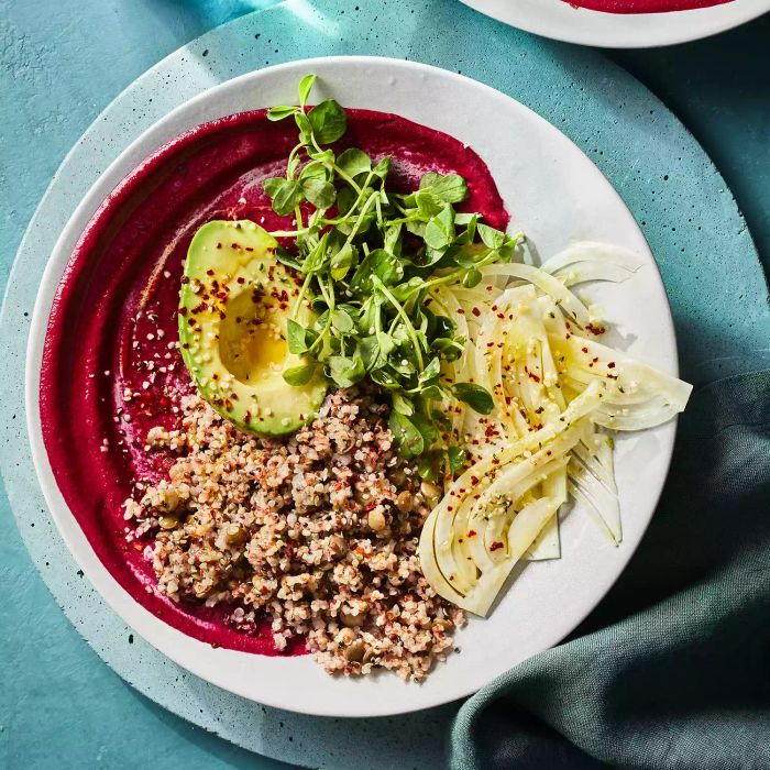 mixed grains bowl with beet-ginger dressing