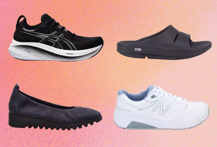 ASICS Gel-Nimbus 26 Running Shoes, OOFOS Slides, Aetrex Brianna Flats, and New Balance 928 on a soft pink gradient backdrop