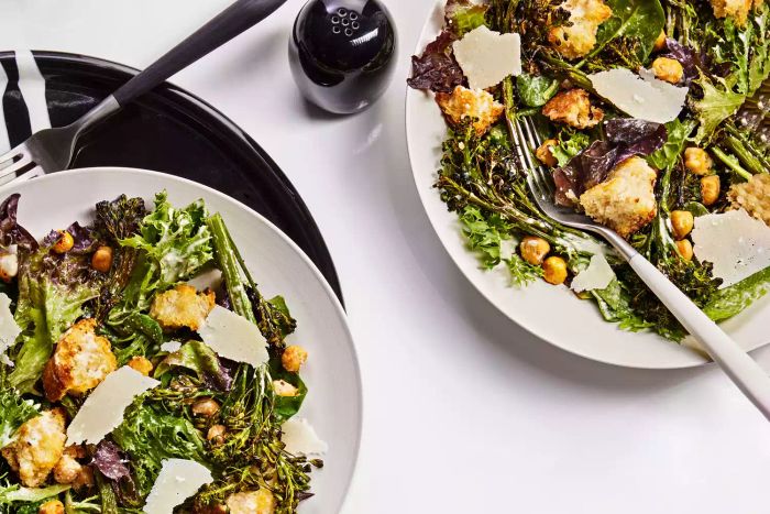 Charred Broccolini With Tahini Caesar And Crispy Chickpeas