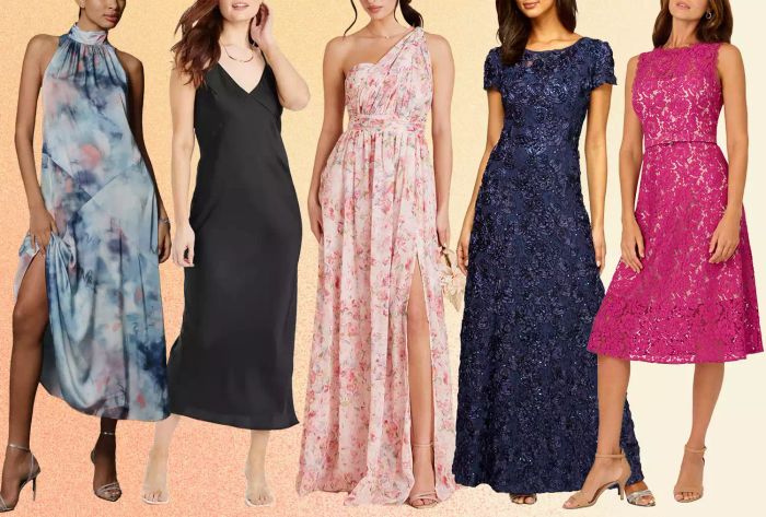 A collage showcasing wedding guest dresses set against a soft orange backdrop