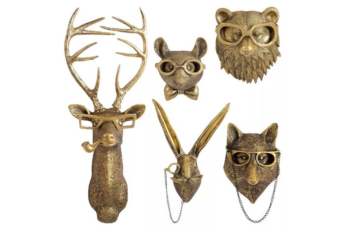 GUASDIE Faux Deer Head Wall Mount, Animal Sculptures for Home Decor, Resin Animal Head Wall Hanging Accent for Living Room, Bedroom, Kitchen, 5-Piece Set
