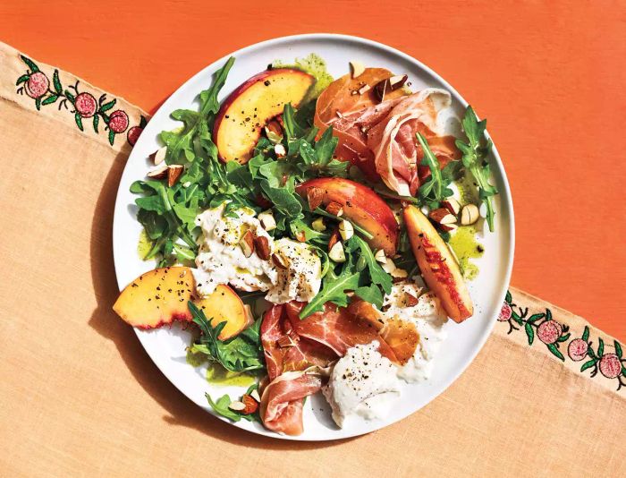 Image: peach-arugula-salad-burrata-cold-dinner-summer-nights