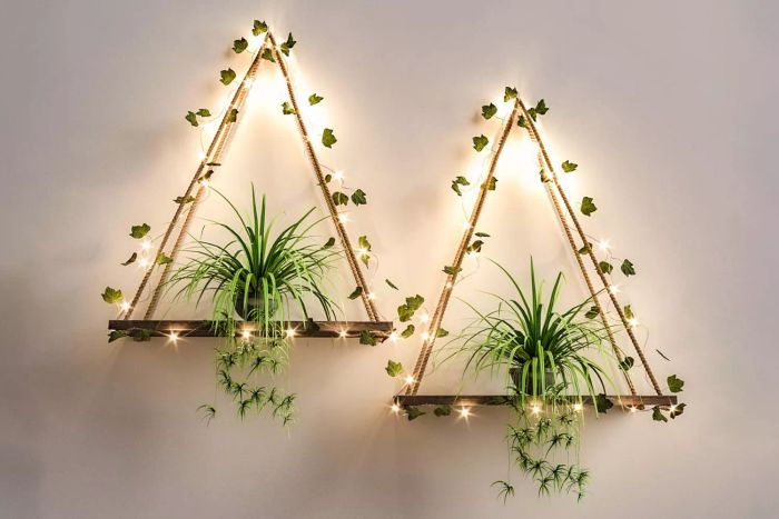 RICHER HOUSE Artificial Ivy LED-Strip Wall Hanging Shelves Set of 2, Macrame Floating Shelf for Bedroom, Bathroom, Living Room, Kitchen, Wooden Plant Shelves for Wall Decor