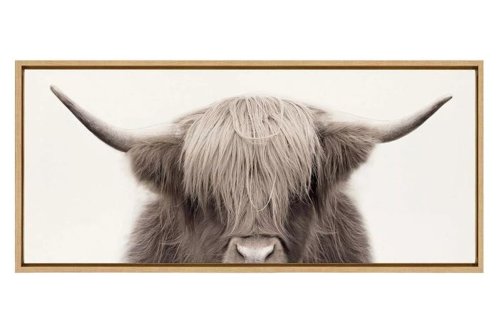 Kate and Laurel Sylvie ‘Hey Dude Highland Cow’ Color Framed Linen Canvas Wall Art by The Creative Bunch Studio, 18x40 Natural Size, Farmhouse Wall Decor Print