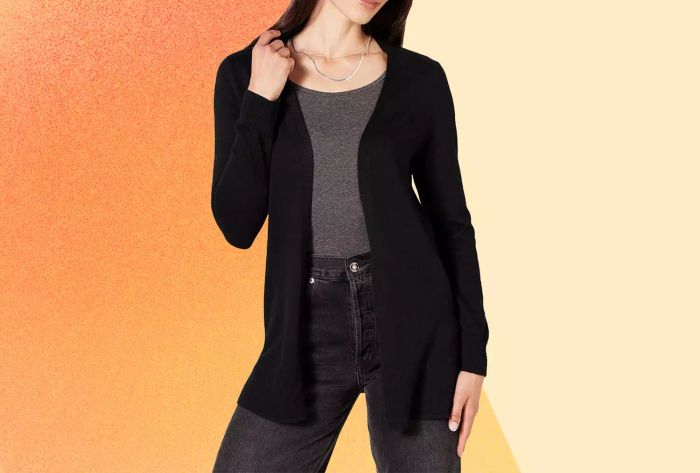 Amazon Essentials Women's Lightweight Cardigan on a Vibrant Orange Background