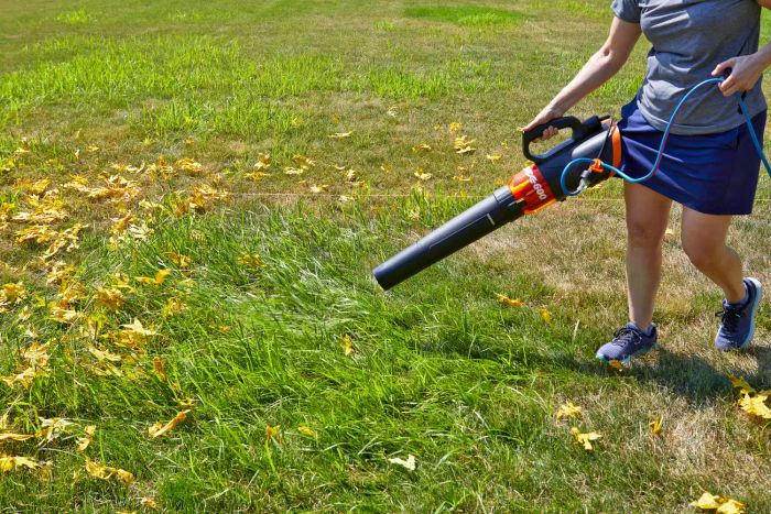 A person using the WORX WG520 12 Amp TURBINE 600 Electric Leaf Blower to clear leaves from the lawn