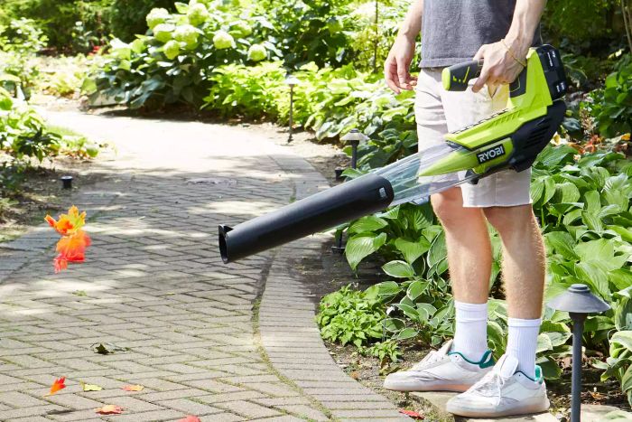 A person uses a Ryobi ONE+ 18V 100 MPH 280 CFM Cordless Battery Variable-Speed Jet Fan Leaf Blower to clear leaves from pavers.