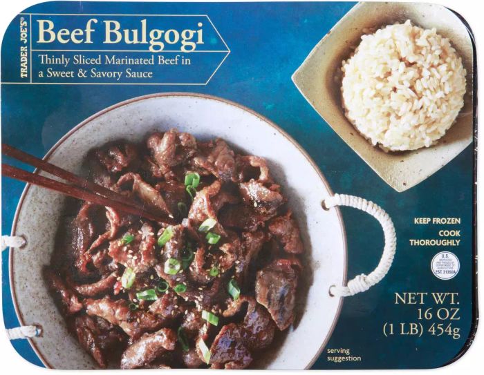 Beef Bulgogi from Trader Joe’s comes in two delicious variations: the original with marinated beef strips, and a plant-based version that offers the same grilled taste and texture, making it a fantastic vegan-friendly option.