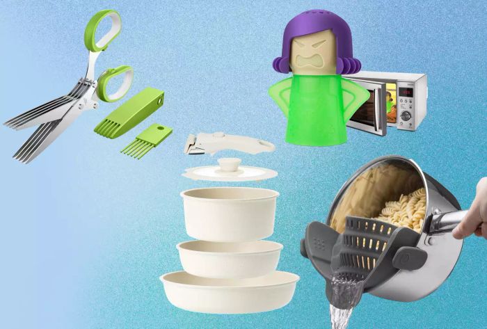 A collection of four innovative kitchen gadgets we love, set against a blue backdrop