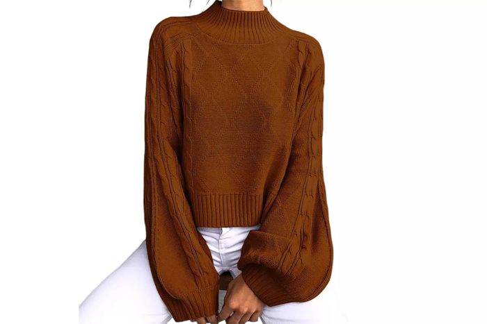 Women's Lantern Sleeve Mock Turtleneck Cable-Knit Pullover Sweater