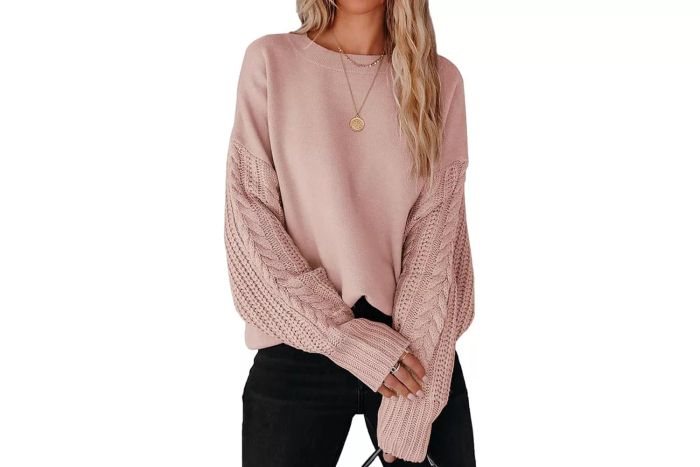 ZESICA Women's 2023 Fall Collection Solid Color Cable-Knit Chunky Long Sleeve Crew Neck Pullover Sweater from Amazon