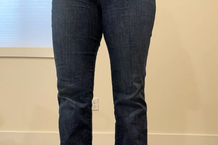 A close-up of the fabric on Spanx Flare Jeans.