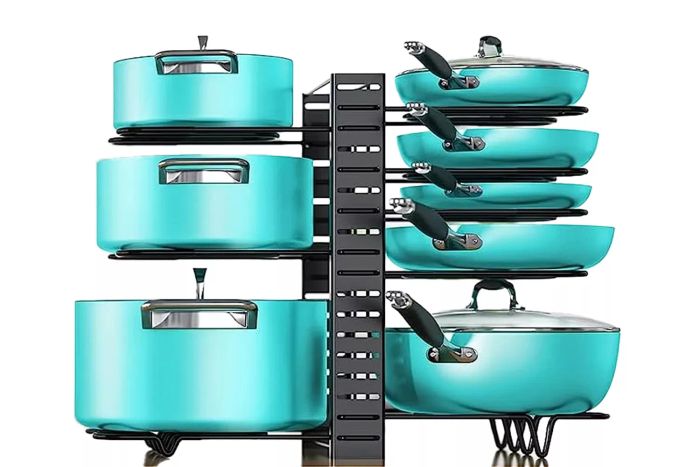 PHANCIR Pots and Pans Organizer Rack, featuring 3 adjustable DIY methods with 8 tiers, a heavy-duty metal structure, and an anti-slip silicone pad for organized kitchen storage.