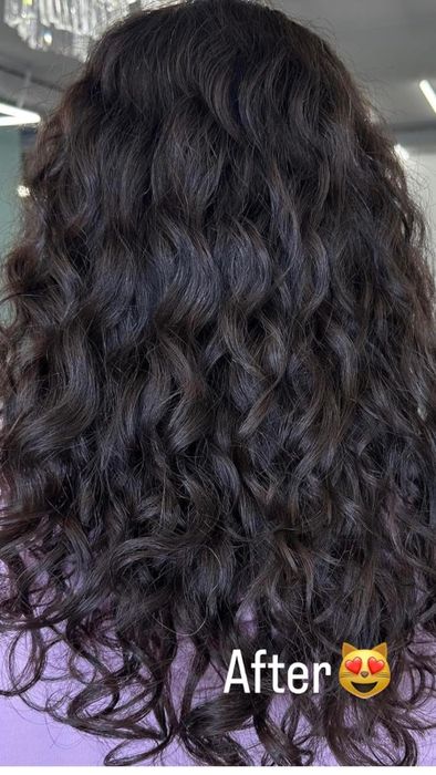 A reviewer shown from behind, showcasing a soft, wavy hairstyle with the label 'After' and a heart-eyed emoji
