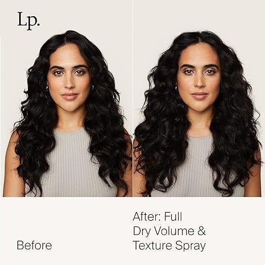 Before-and-after images of a woman with wavy hair, showcasing the increased volume after using Full Dry Volume & Texture Spray