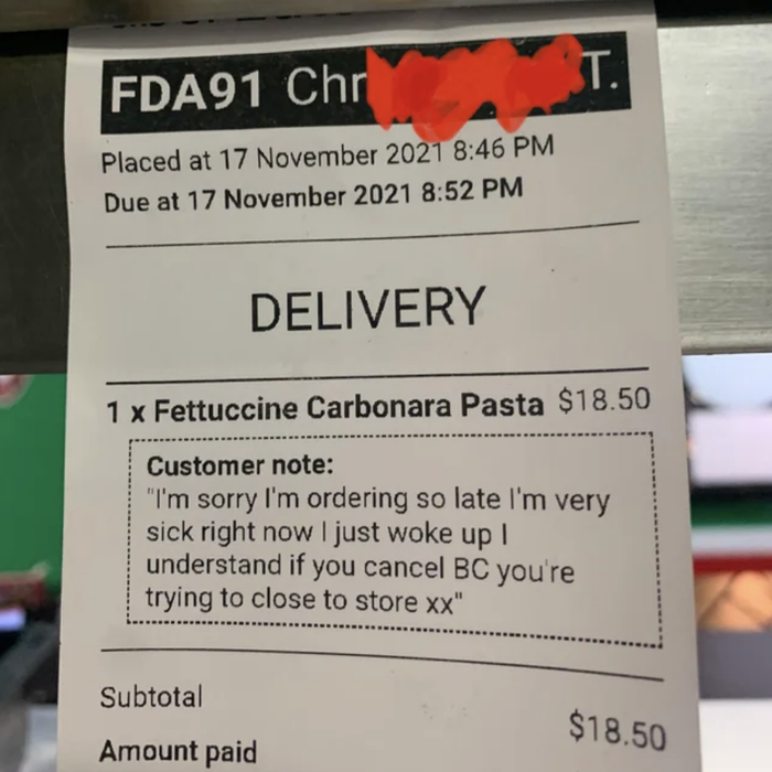 the message left by the customer on the restaurant receipt