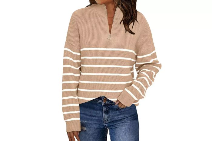 LILLUSORY Women's Quarter Zip Striped Oversized Sweater Mock Neck