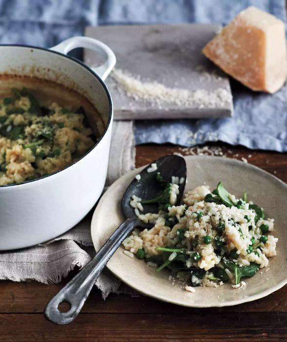 Baked Spinach and Pea Risotto
